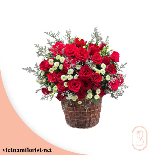 Roses, Mixed, With Basket, Daisy bouquet 'Blush Bouquet' – Delivered in Hanoi, Da Nang, Ho Chi Minh, and across Vietnam