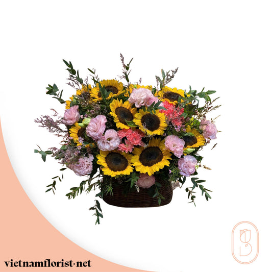 Golden Embrace – With Basket, Sunflower, Lisianthus bouquet by Vietnamflorist.net, perfect for any occasion.
