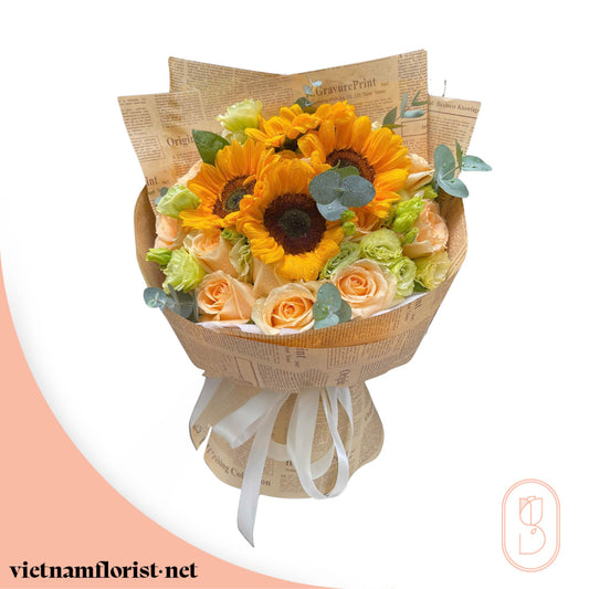 Roses, Sunflower, Mixed, Lisianthus bouquet 'Golden Hour' – Delivered in Hanoi, Da Nang, Ho Chi Minh, and across Vietnam