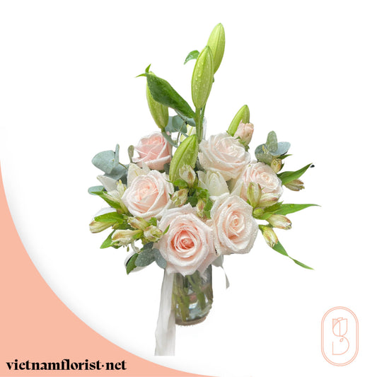 Roses, Lily, Mixed, With Vase bouquet 'Meadow Muse' – Delivered in Hanoi, Da Nang, Ho Chi Minh, and across Vietnam