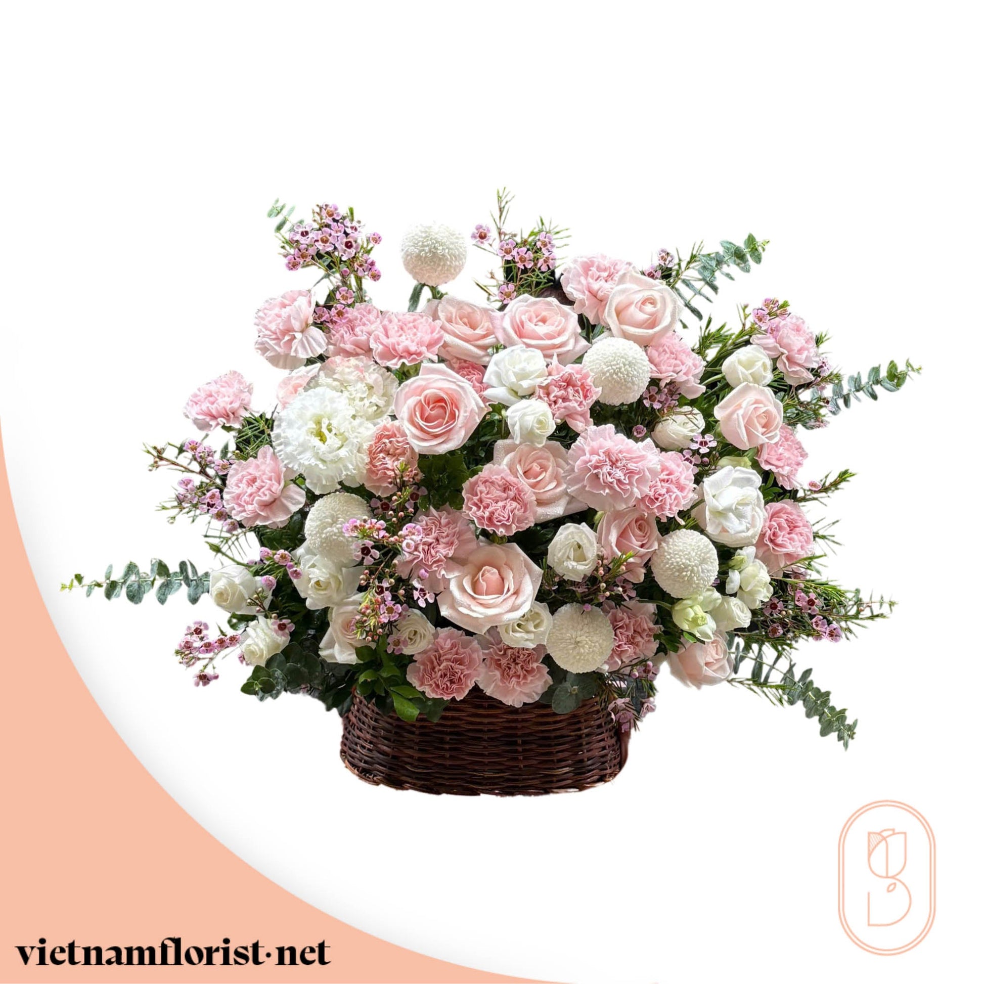 Pastel Burst – With Basket, Mixed, Lisianthus, Roses, Carnation, Daisy bouquet by Vietnamflorist.net, perfect for any occasion.