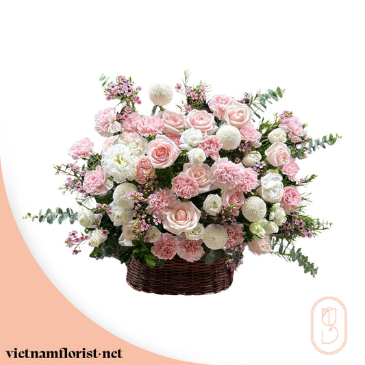 Pastel Burst – With Basket, Mixed, Lisianthus, Roses, Carnation, Daisy bouquet by Vietnamflorist.net, perfect for any occasion.