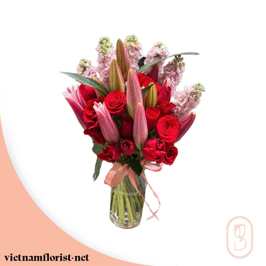 Mixed, Lily, Roses bouquet 'Rose Noir' – Delivered in Hanoi, Da Nang, Ho Chi Minh, and across Vietnam