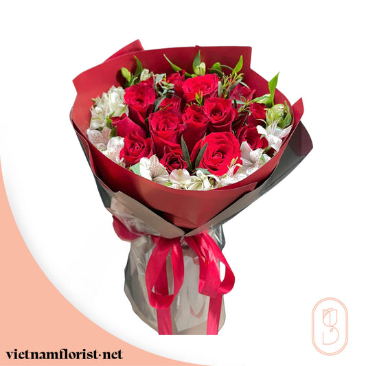 Daffodils (Alstroemeria), Roses bouquet 'Rose Reverie' – Delivered in Hanoi, Da Nang, Ho Chi Minh, and across Vietnam