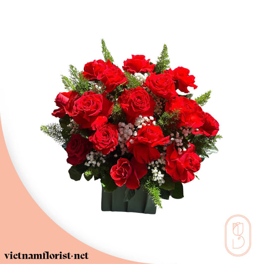 With Vase, Roses bouquet 'Ruby Rose' – Delivered in Hanoi, Da Nang, Ho Chi Minh, and across Vietnam