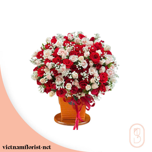 100 Roses, With Basket bouquet 'Wild Rosé' – Delivered in Hanoi, Da Nang, Ho Chi Minh, and across Vietnam
