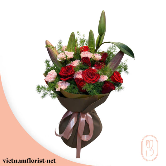 Lily, Mixed, Roses, Carnation bouquet 'Woodland Blush' – Delivered in Hanoi, Da Nang, Ho Chi Minh, and across Vietnam